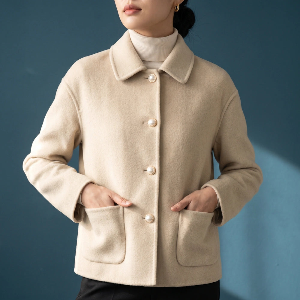 Ondina Pearl Button Cropped Cashmere Coat - Beige