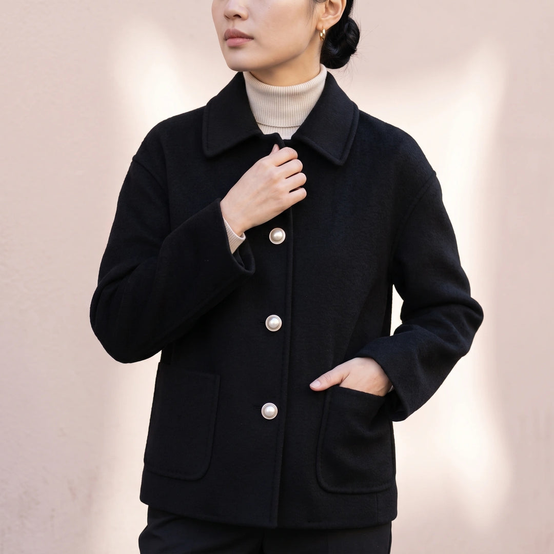 Ondina Pearl Button Cropped Cashmere Coat - Black