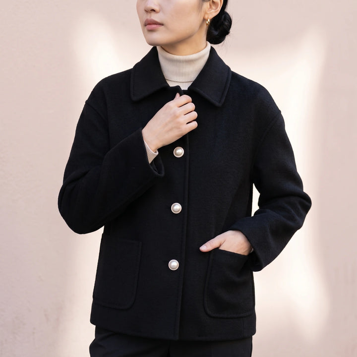 Ondina Pearl Button Cropped Cashmere Coat - Black