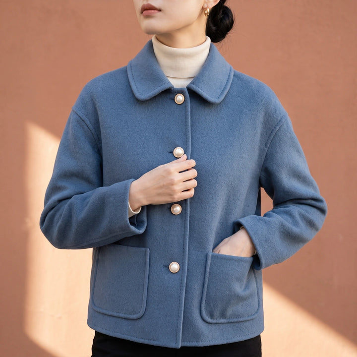 Ondina Pearl Button Cropped Cashmere Coat - Blue