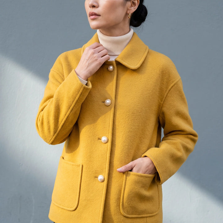 Ondina Pearl Button Cropped Cashmere Coat - Yellow