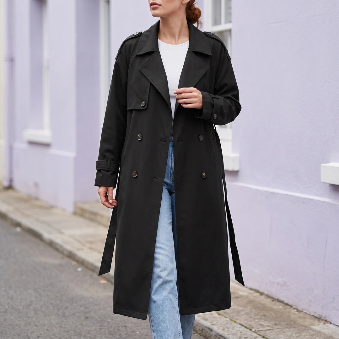 Oriana Double Breasted Longline Oversized Trench Coat - Black