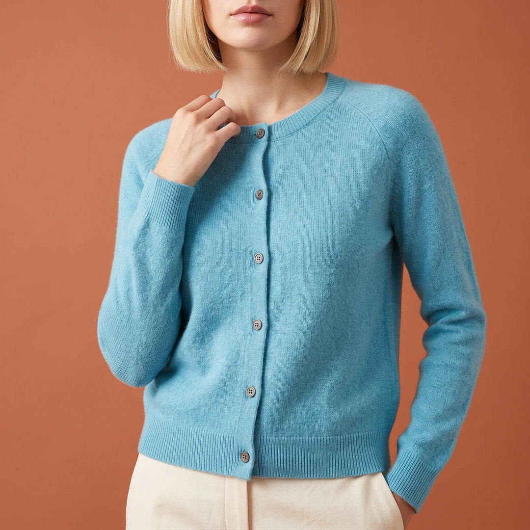 Orla Crew Neck Button Cardigan - Light Blue