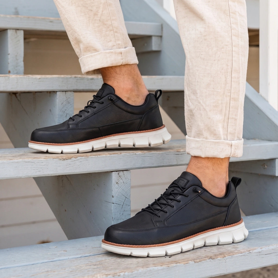 Orlando Leather Orthopedic Welt Stripe Sneakers - Black