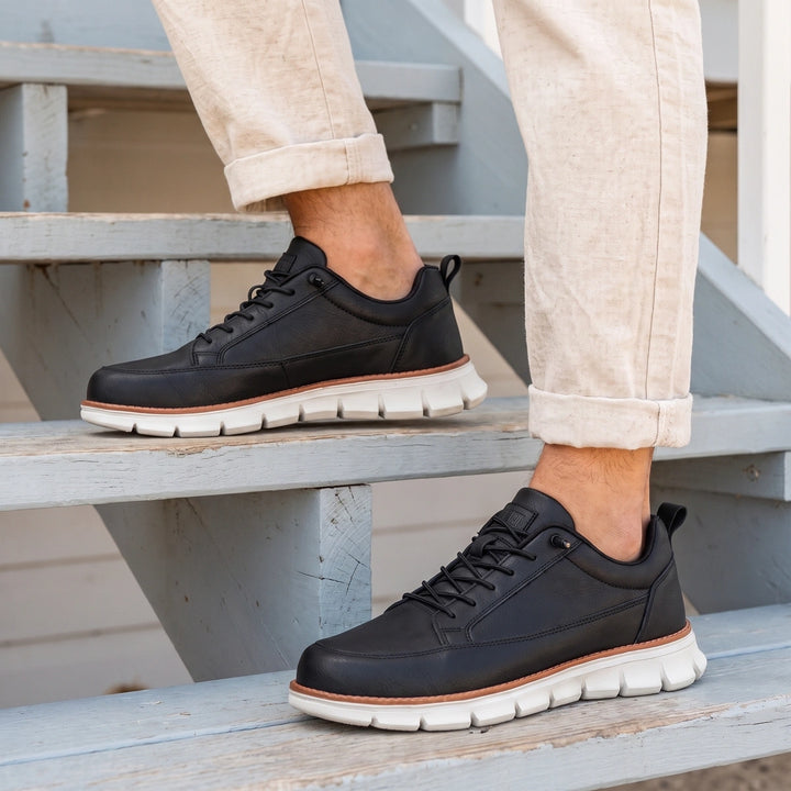 Orlando Leather Orthopedic Welt Stripe Sneakers - Black