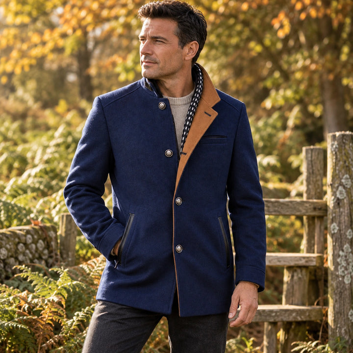 Osborne Wool Blend Stand Collar Car Coat - Navy Blue