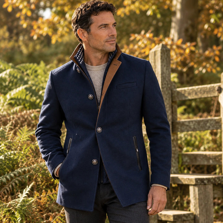 Osborne Wool Blend Stand Collar Car Coat - Navy Blue
