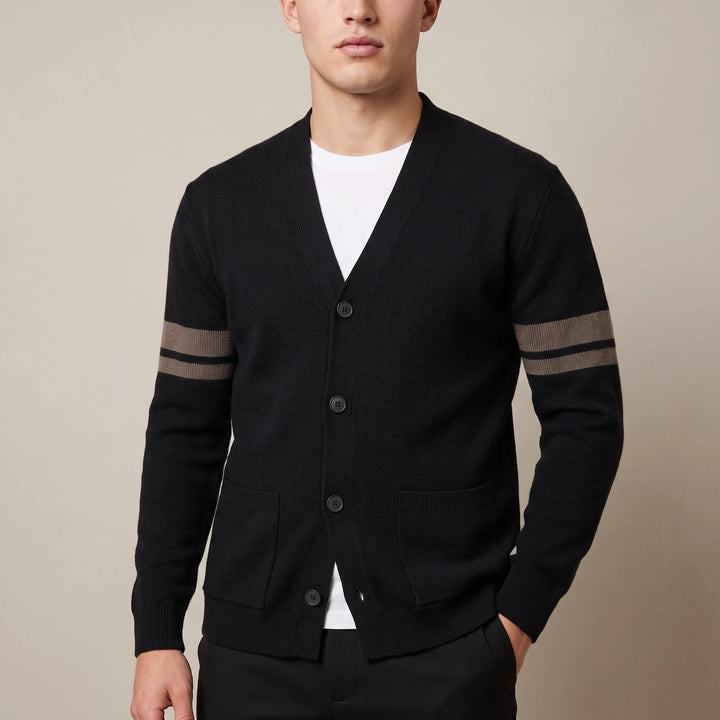Oscar Striped Sleeve Knit Button Cardigan - Black