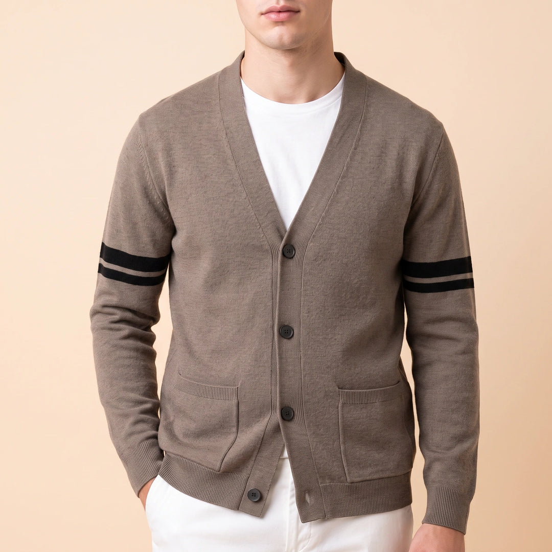 Oscar Striped Sleeve Knit Button Cardigan - Brown