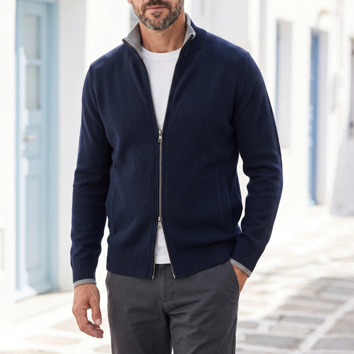 Oskar Wool Blend Stand Collar Zip Cardigan - Blue
