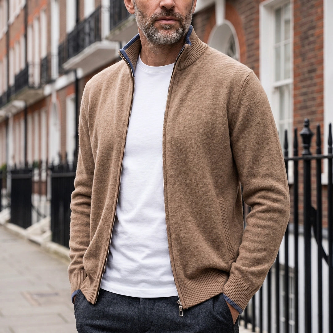 Oskar Wool Blend Stand Collar Zip Cardigan - Camel