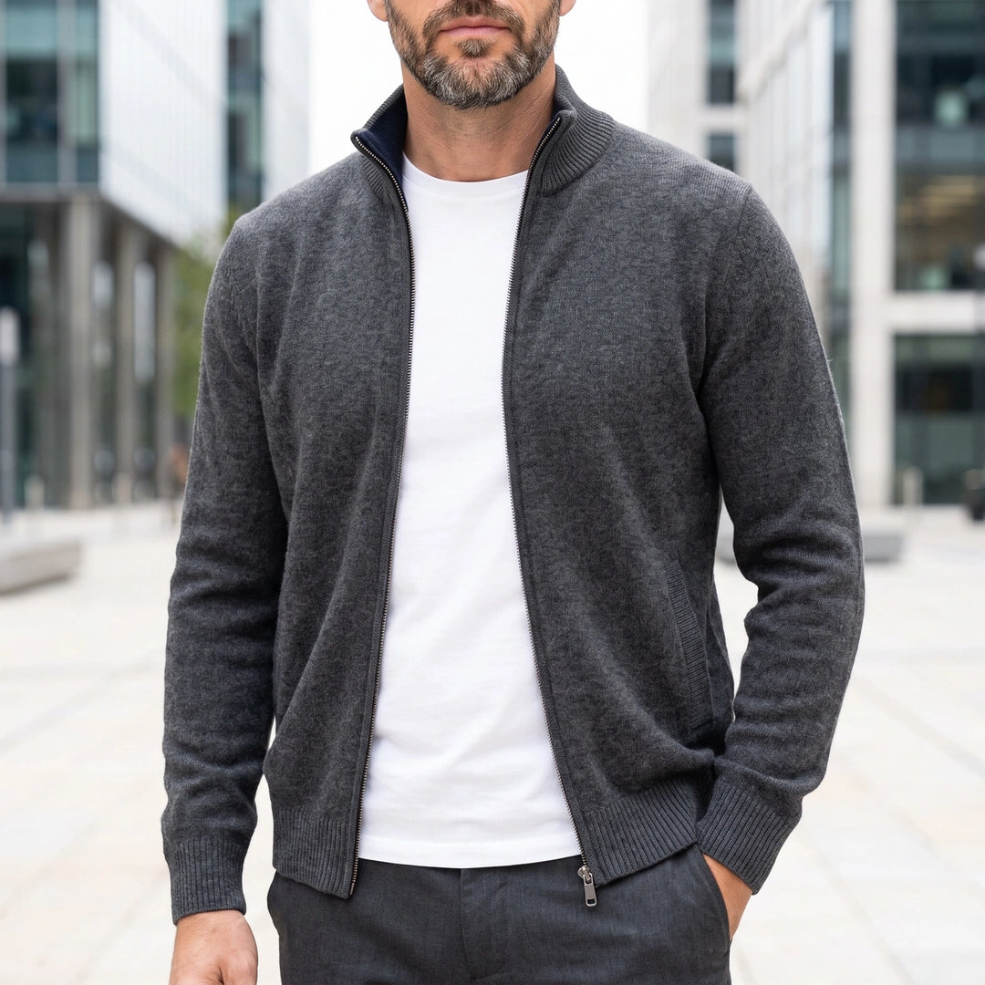 Oskar Wool Blend Stand Collar Zip Cardigan - Gray