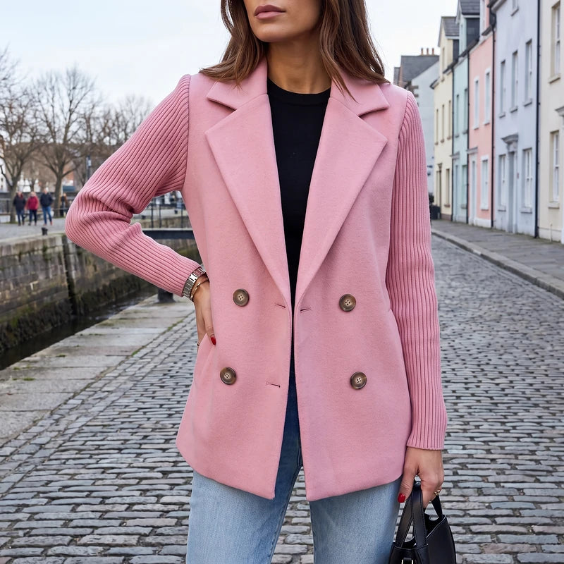 Ottoline Women's Knit Sleeve Double Breasted Blazer - Pink