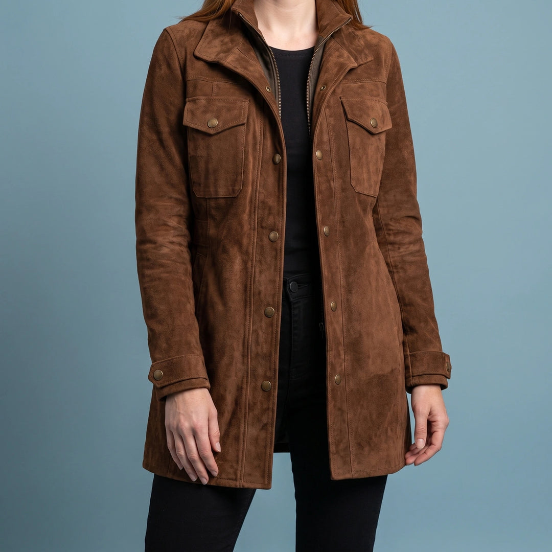 Pamela Suede Longline Utility Jacket - Dark Brown
