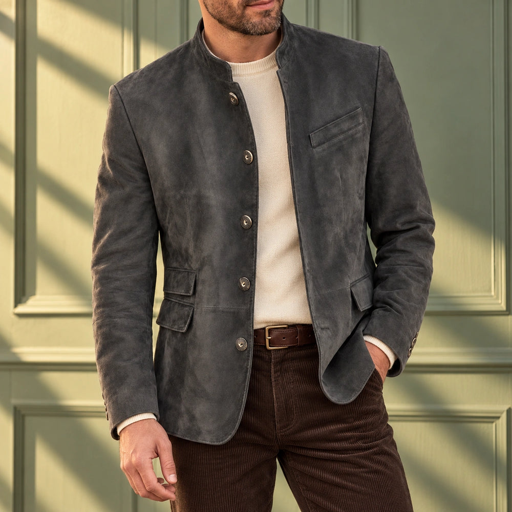 Pearce Brushed Suede Stand Collar Blazer - Gray
