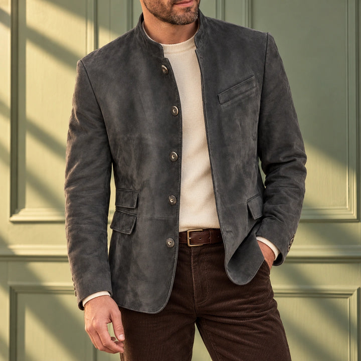 Pearce Brushed Suede Stand Collar Blazer - Gray