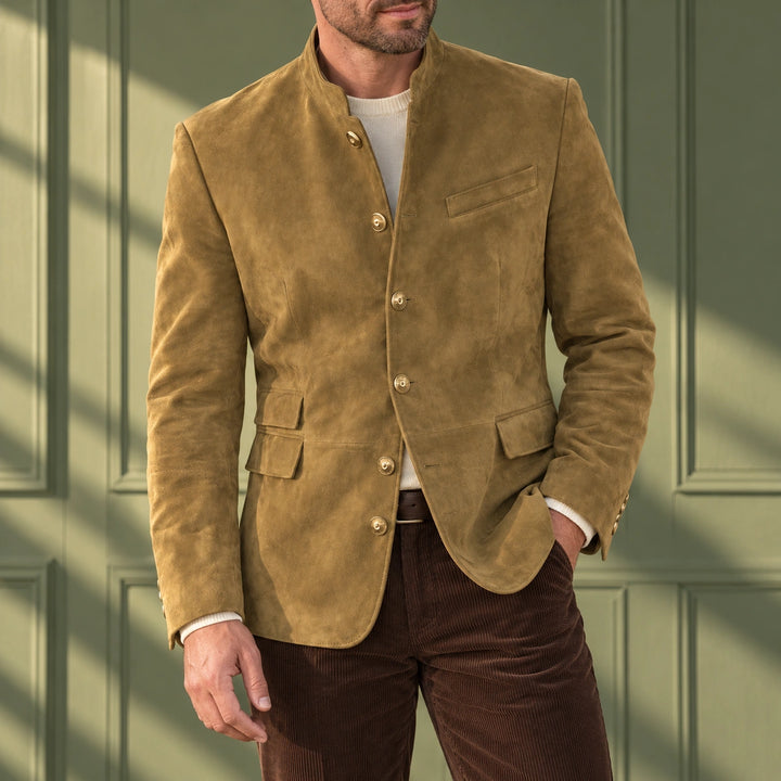 Pearce Brushed Suede Stand Collar Blazer - Khaki
