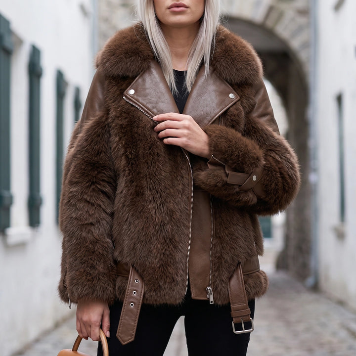 Petronella Faux Fur Sleeve Vegan Leather Jacket - Brown