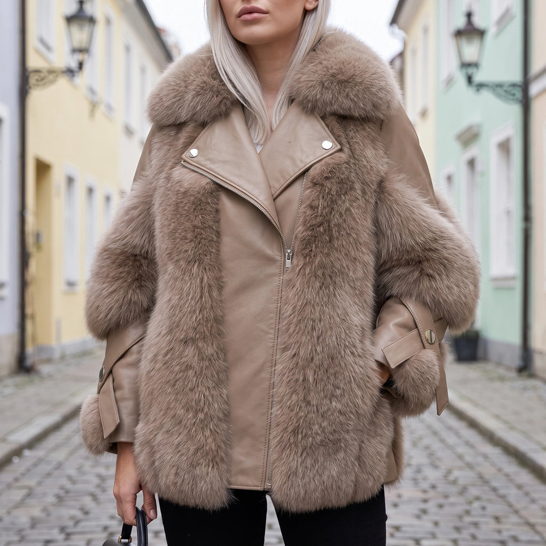 Petronella Faux Fur Sleeve Vegan Leather Jacket - Light Brown