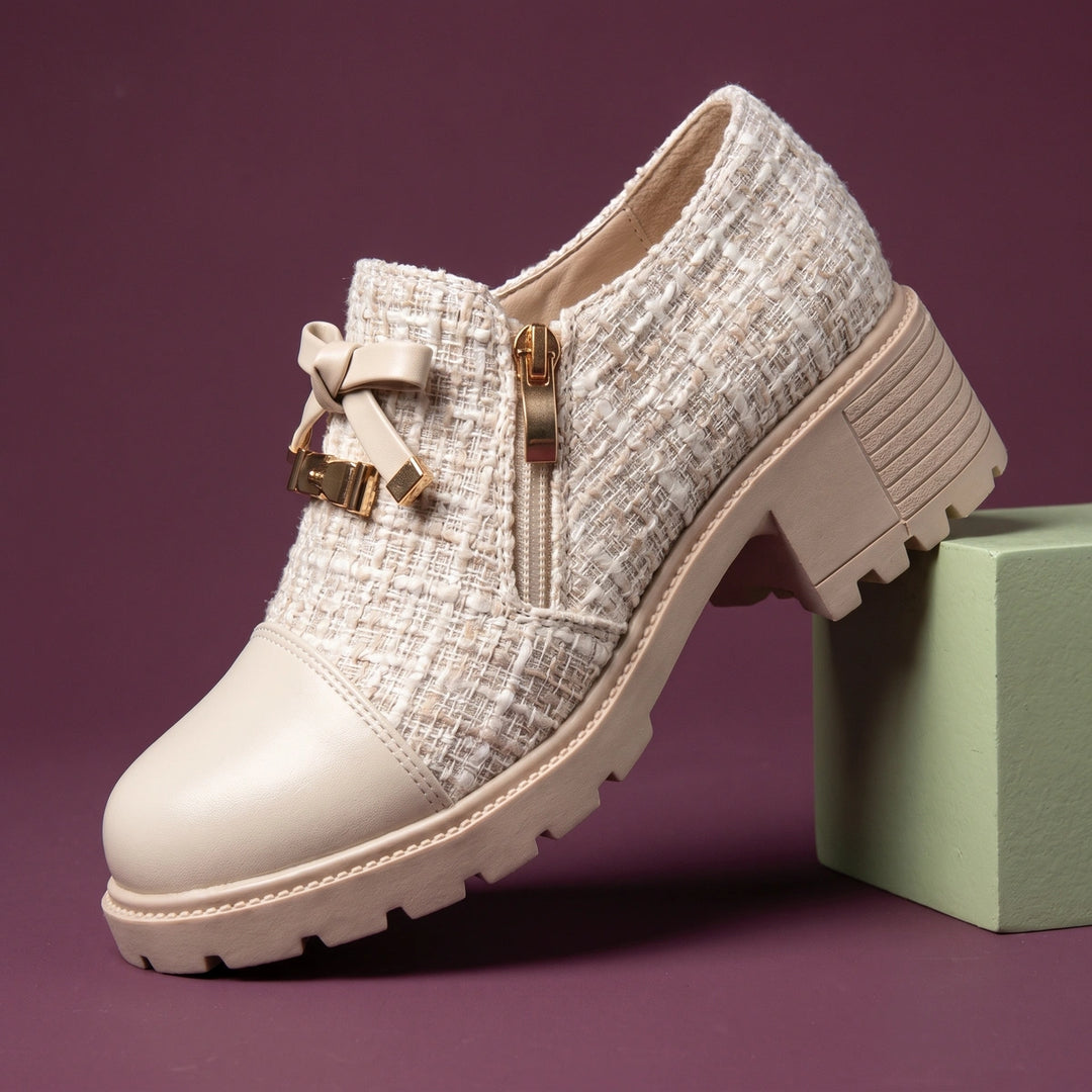 Piper Tweed Bow Lug Sole Shoe Boots - Beige