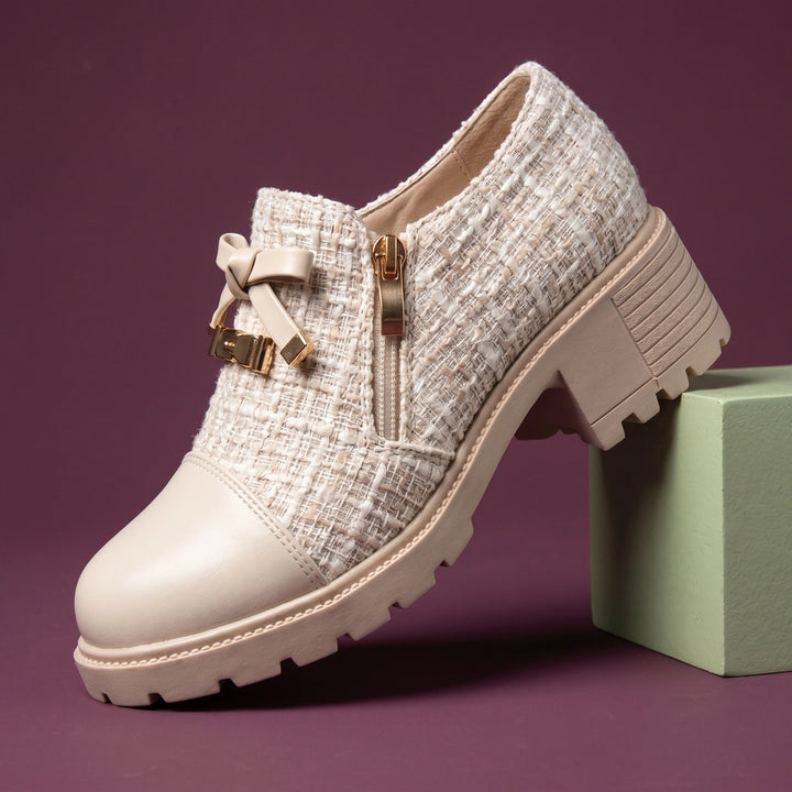Piper Tweed Bow Lug Sole Shoe Boots - Beige