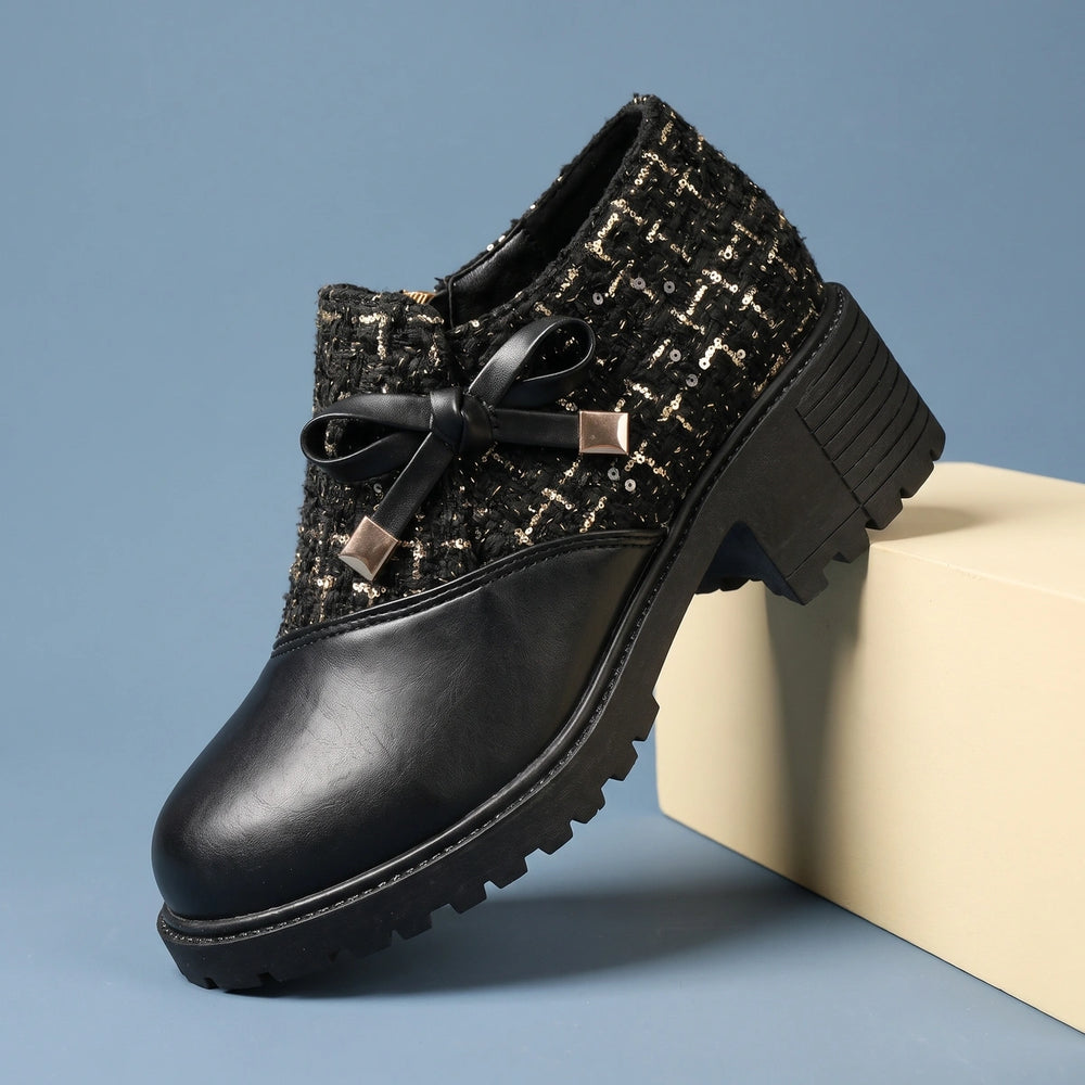 Piper Tweed Bow Lug Sole Shoe Boots - Black