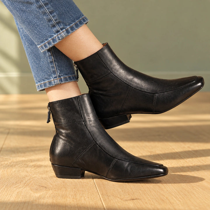 Polly Leather Square Toe Ankle Boots - Black