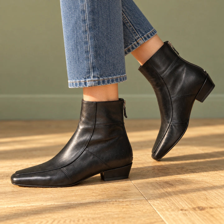 Polly Leather Square Toe Ankle Boots - Black