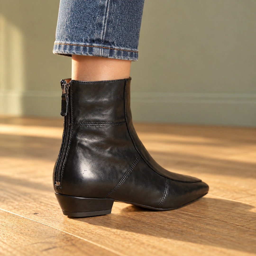 Polly Leather Square Toe Ankle Boots - Black