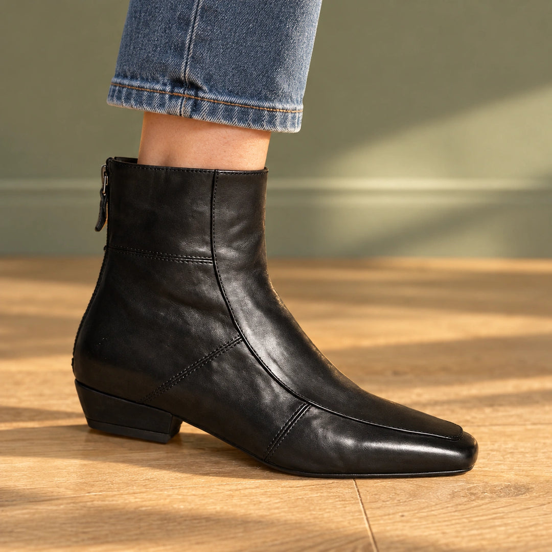Polly Leather Square Toe Ankle Boots - Black