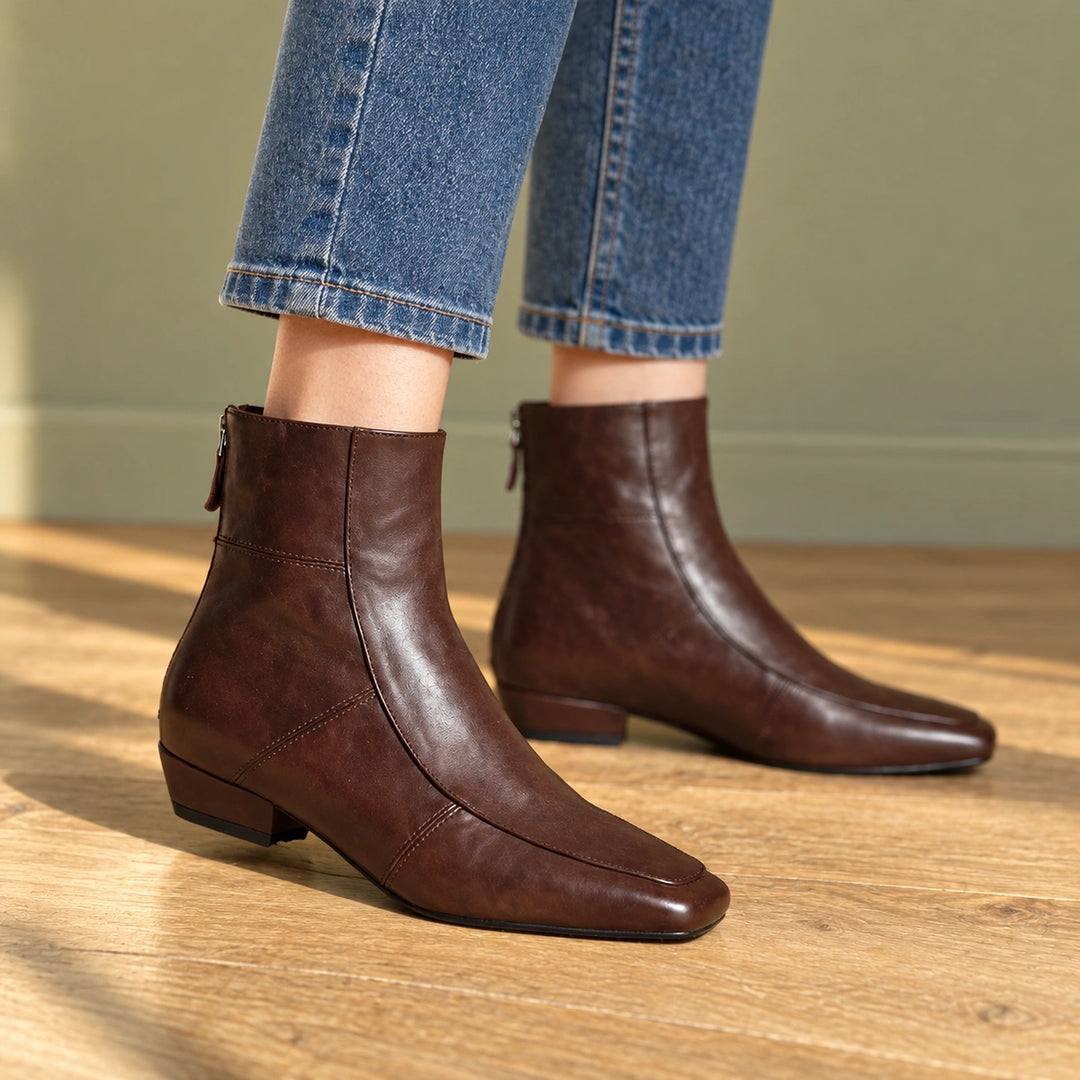 Polly Leather Square Toe Ankle Boots - Brown