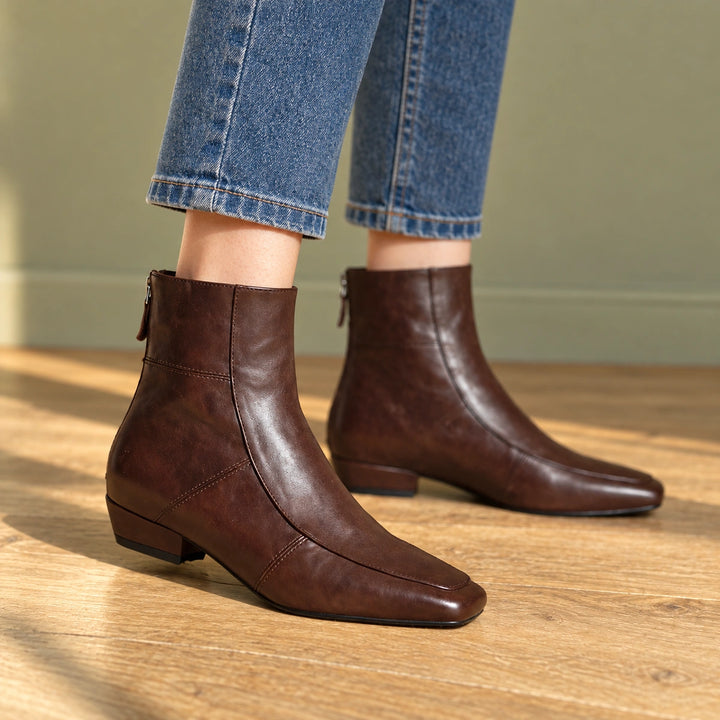 Polly Leather Square Toe Ankle Boots - Brown