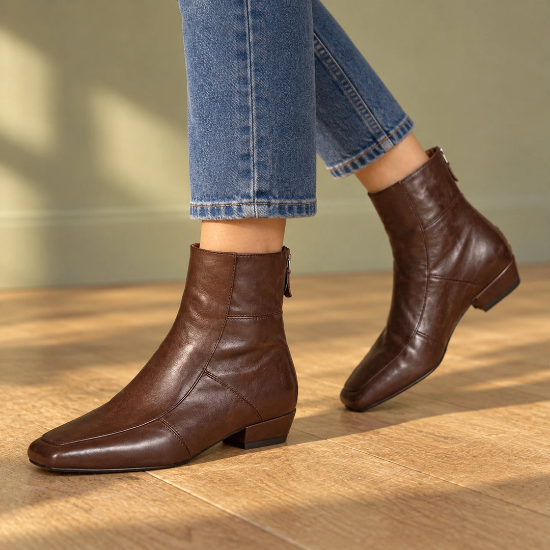 Polly Leather Square Toe Ankle Boots - Brown