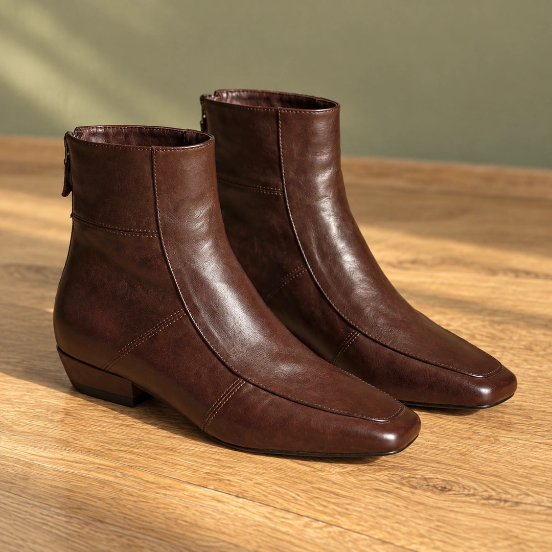 Polly Leather Square Toe Ankle Boots - Brown