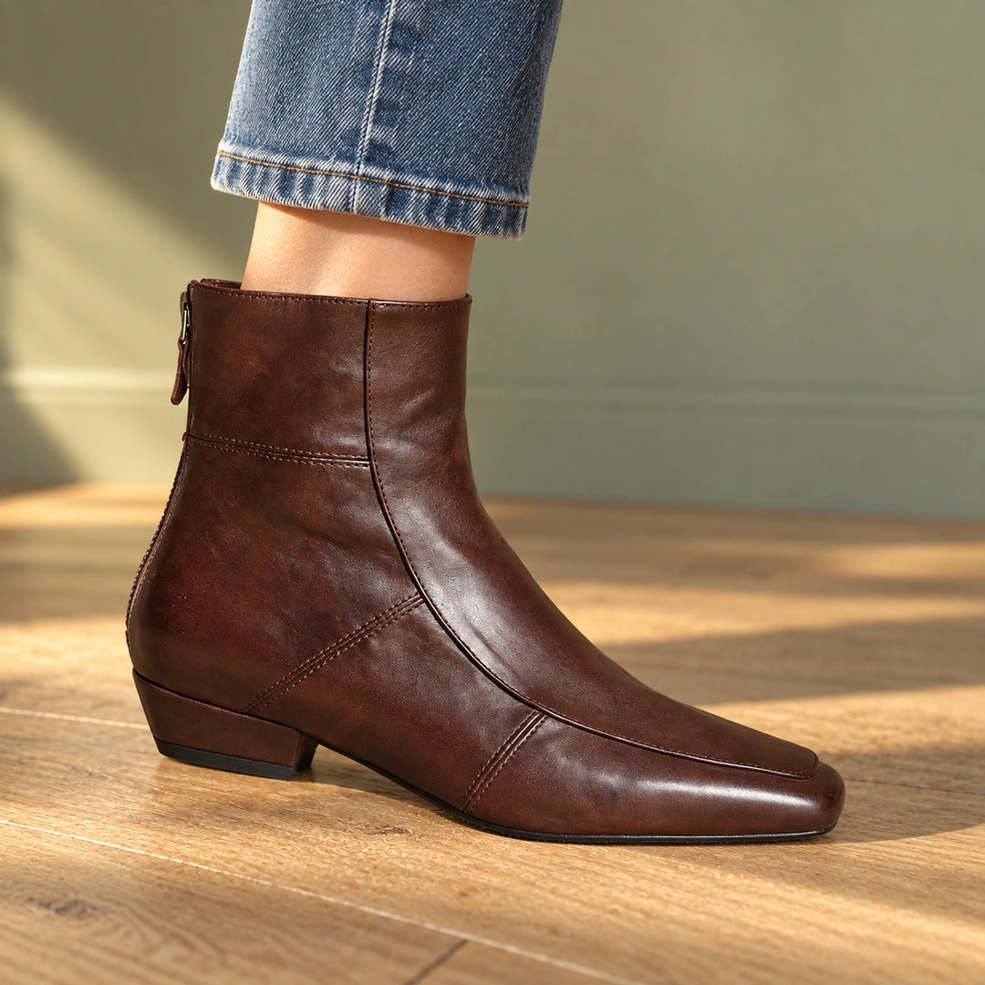 Polly Leather Square Toe Ankle Boots - Brown