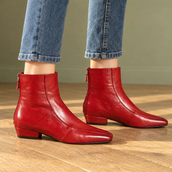 Polly Leather Square Toe Ankle Boots - Red