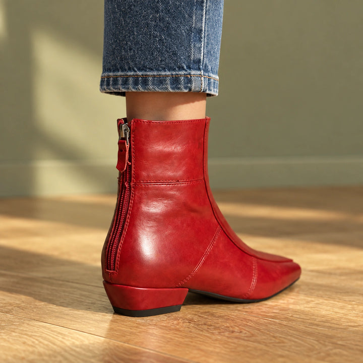 Polly Leather Square Toe Ankle Boots - Red