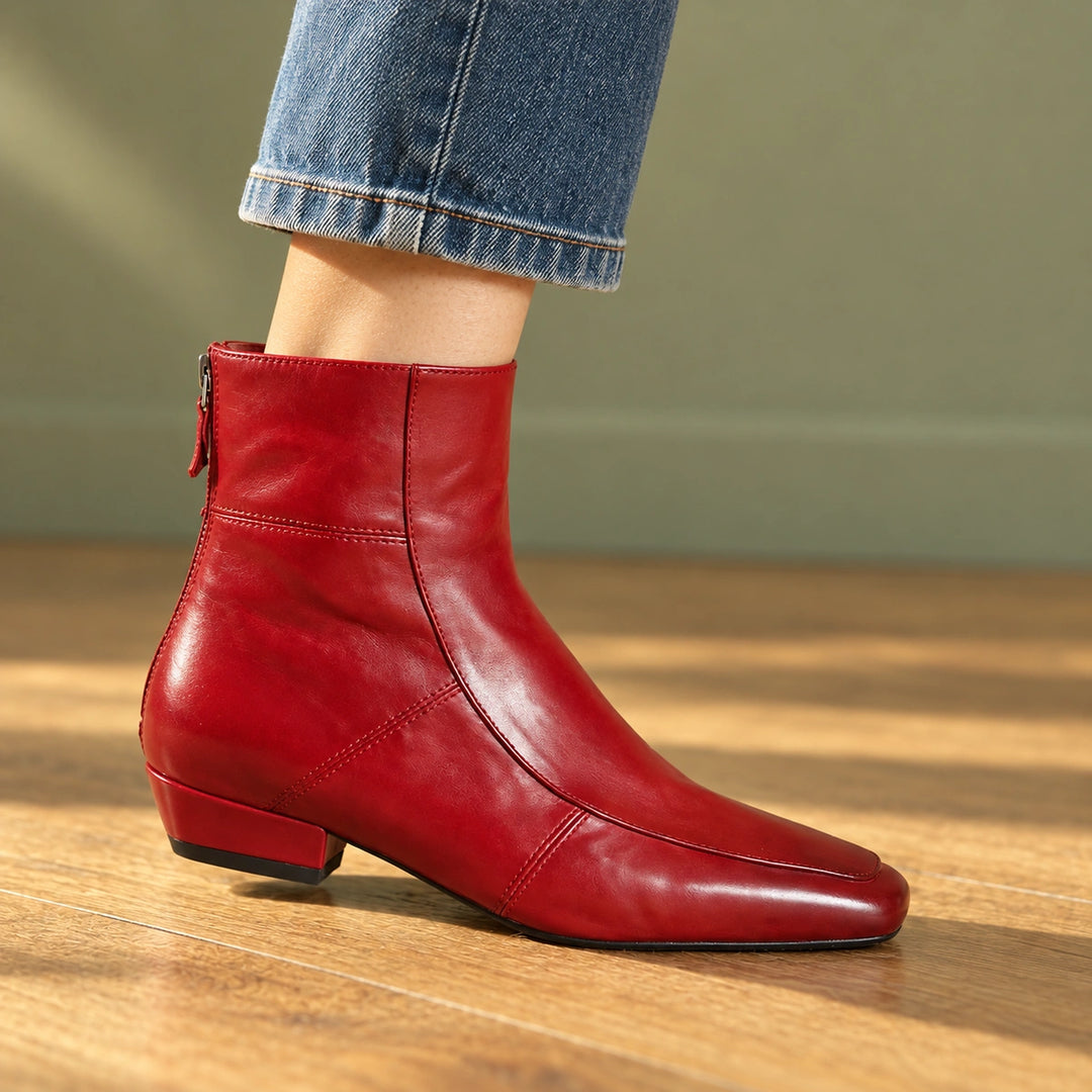 Polly Leather Square Toe Ankle Boots - Red