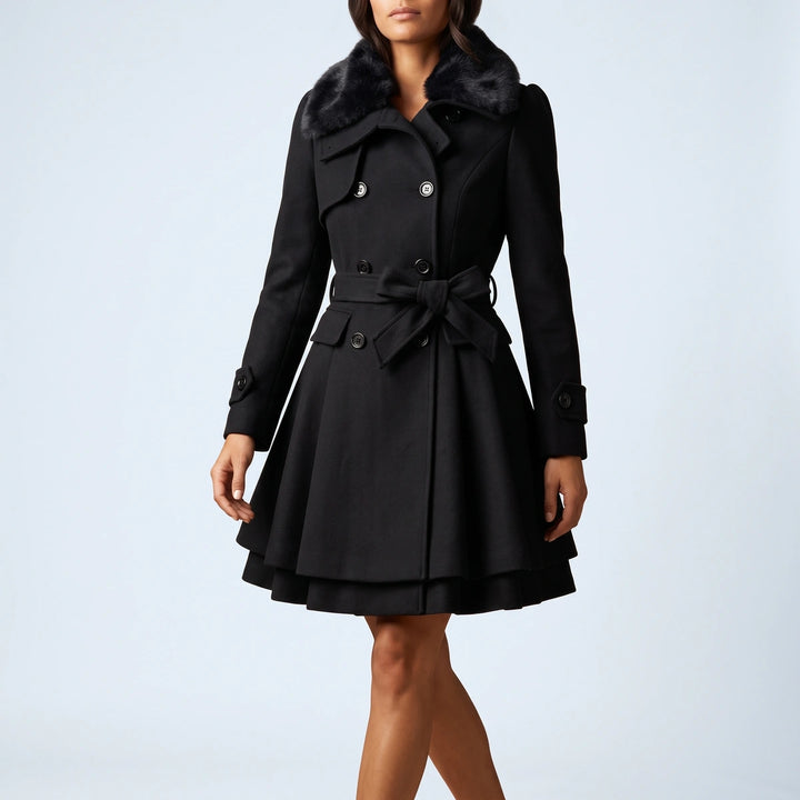 Primrose Belted Flared Wool Coat - Black