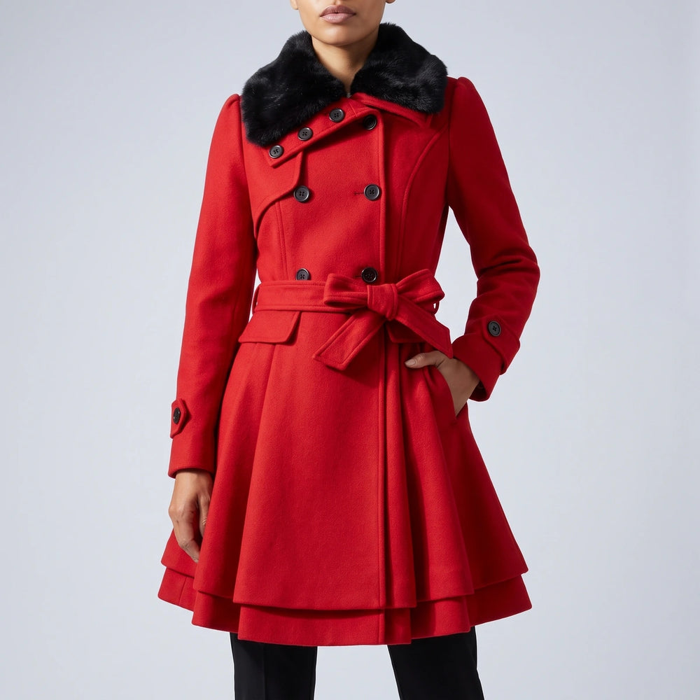 Primrose Belted Flared Wool Coat - Red
