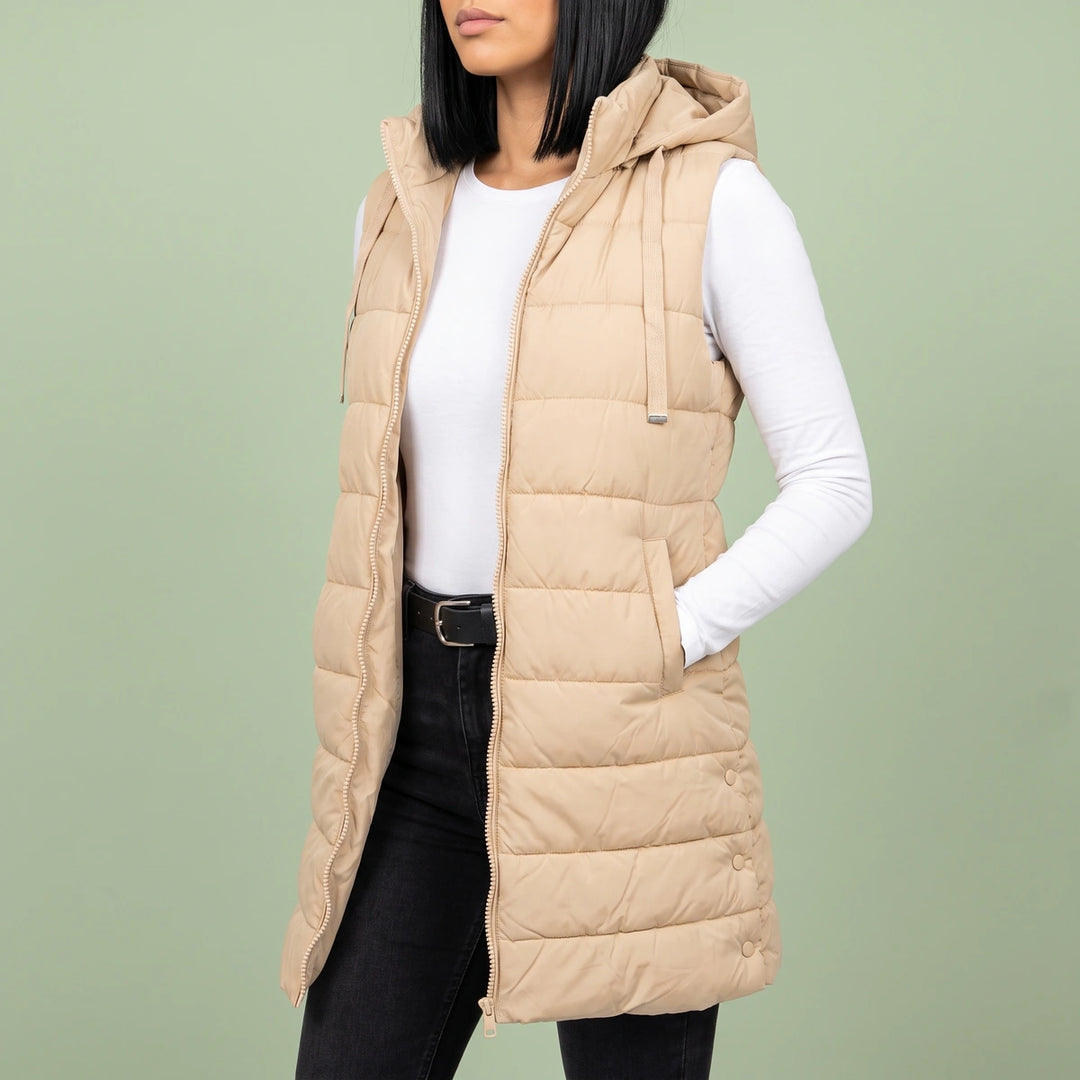 Priscilla Longline Hooded Puffer Vest - Beige