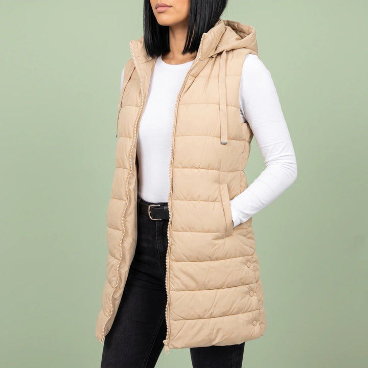 Priscilla Longline Hooded Puffer Vest - Beige