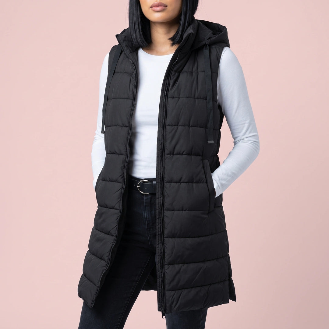 Priscilla Longline Hooded Puffer Vest - Black