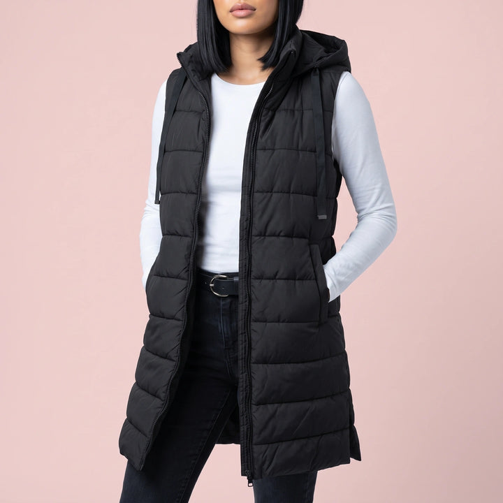 Priscilla Longline Hooded Puffer Vest - Black