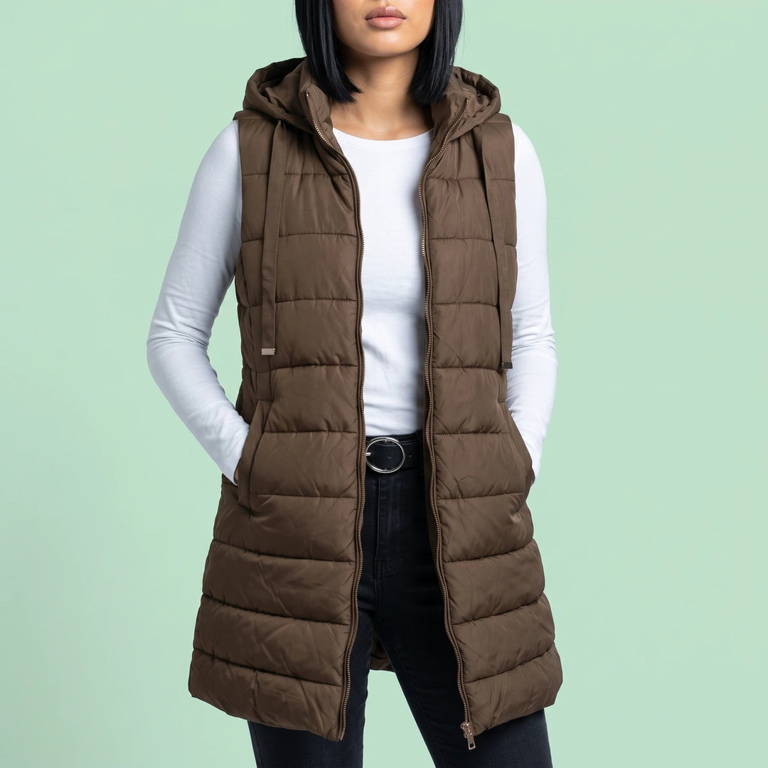 Priscilla Longline Hooded Puffer Vest - Brown