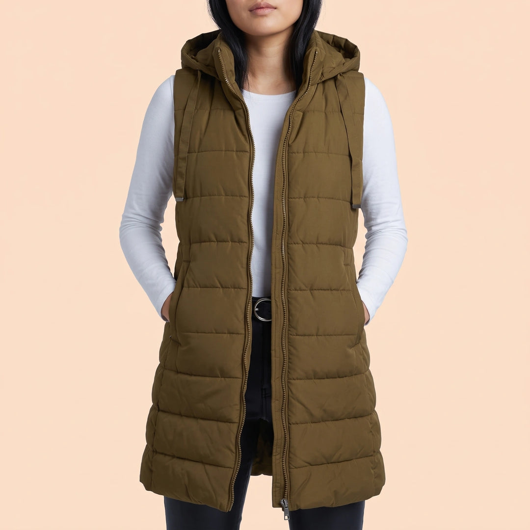 Priscilla Longline Hooded Puffer Vest - Dark Camel