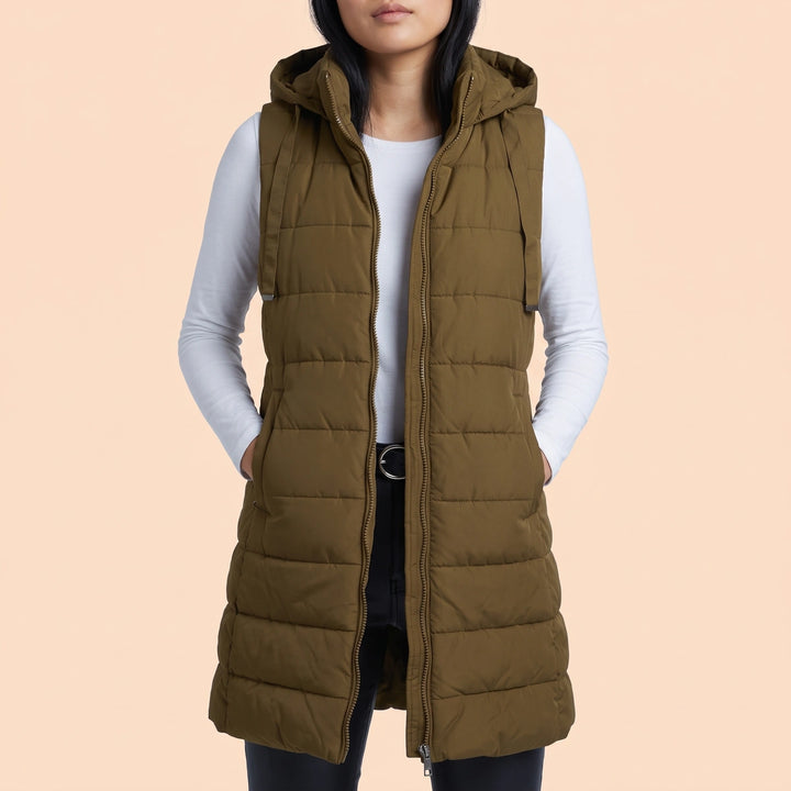Priscilla Longline Hooded Puffer Vest - Dark Camel