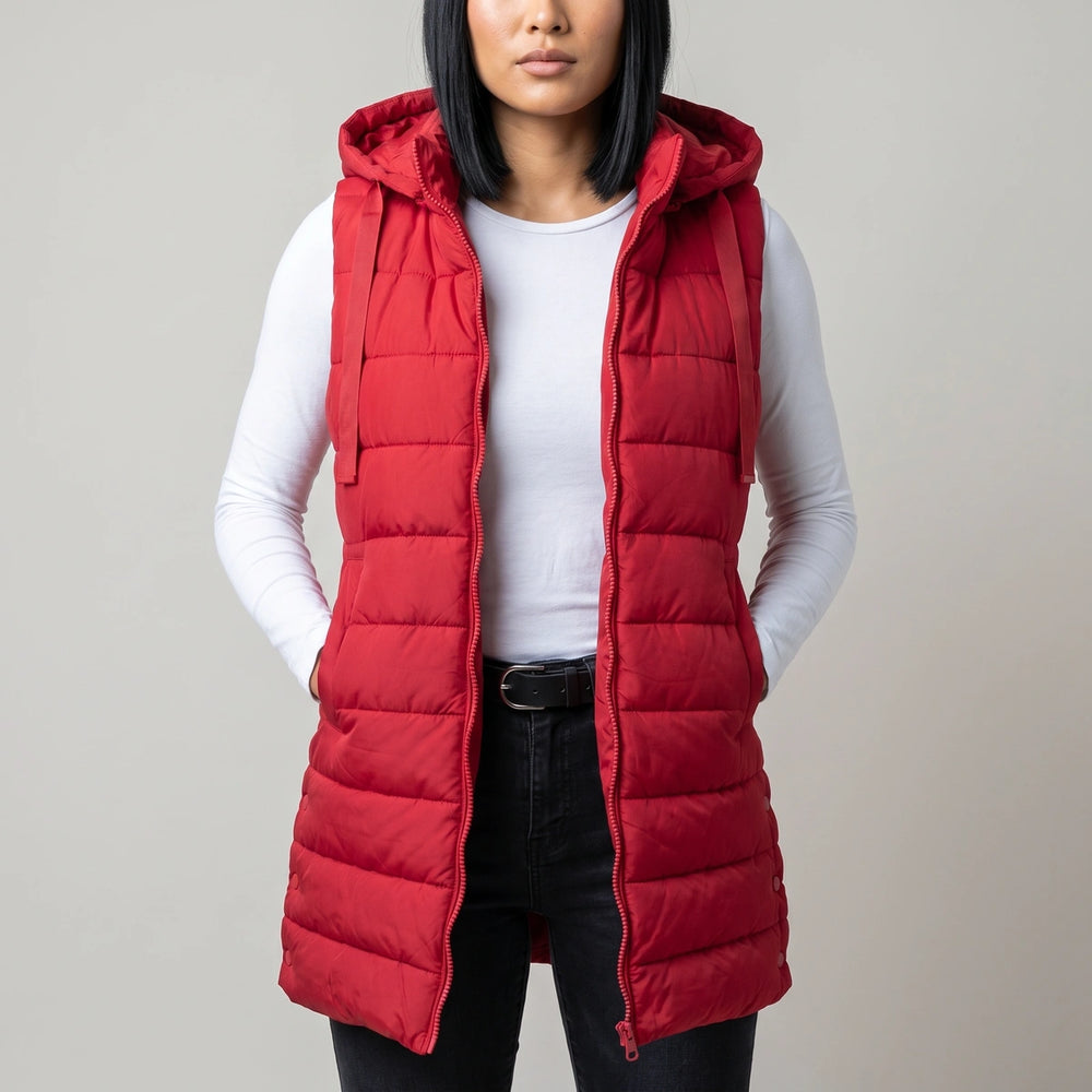 Priscilla Longline Hooded Puffer Vest - Red