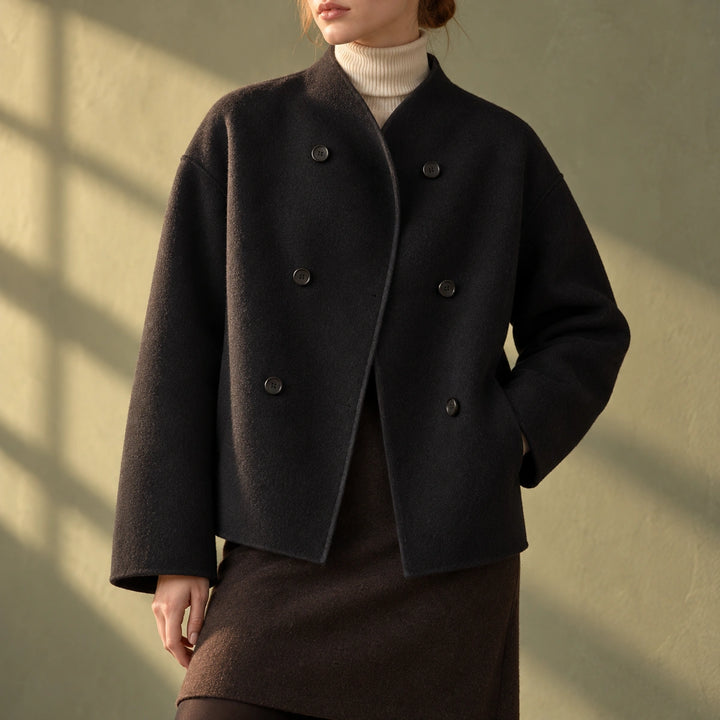 Prudence Wool Cropped Double Breasted Coat - Black