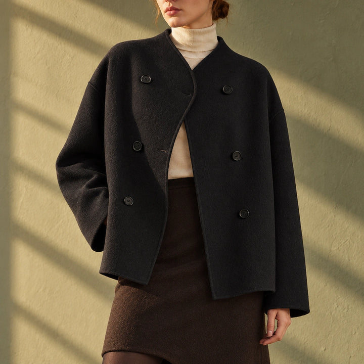 Prudence Wool Cropped Double Breasted Coat - Black